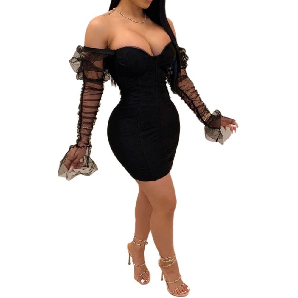 Uni Clau Women  Mesh Sheer Puff Long Sleeve Mini Dress Bodycon Deep V Neck